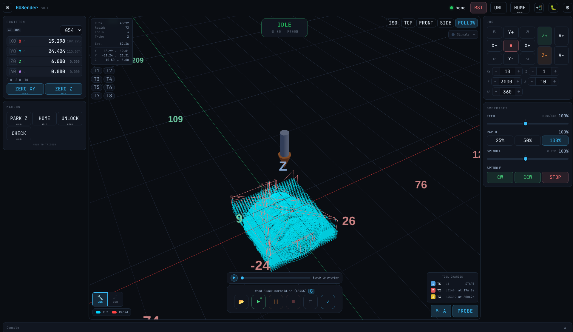GUSender — 3D toolpath viewer with DRO, jog controls, and live tool position